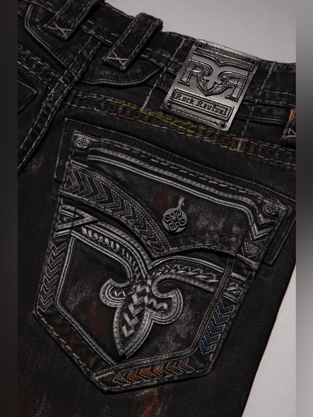 Rock Revival Lunar Rock Alt Straight Men’s Black Jeans with Multicolor Streaks - Picture 6 of 16